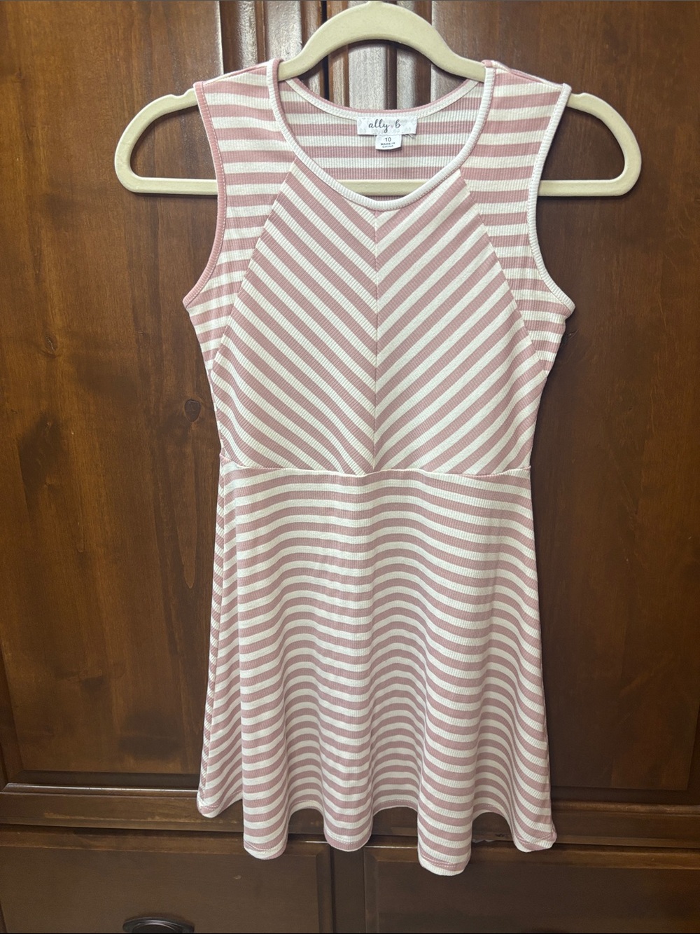 Ally B Mauve Pink and Cream Striped Sleeveless Fit & Flare Dress girls size 10